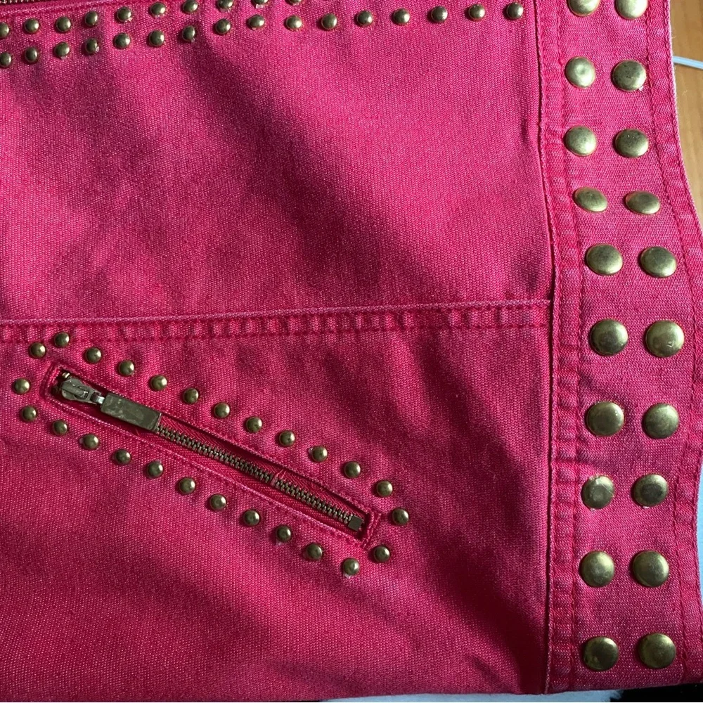 DG2 By Diane Gilman Women's Denim Gold Studded Orange Red Stretch Zip Jacket XL - Picture 6 of 9